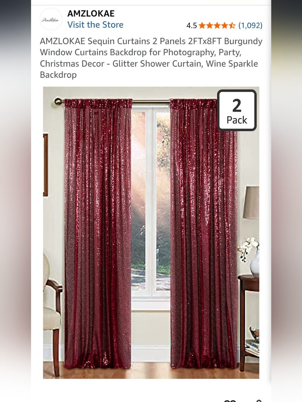 Sequin Window Curtains - Burgundy And White Sparkle (2 Pack)